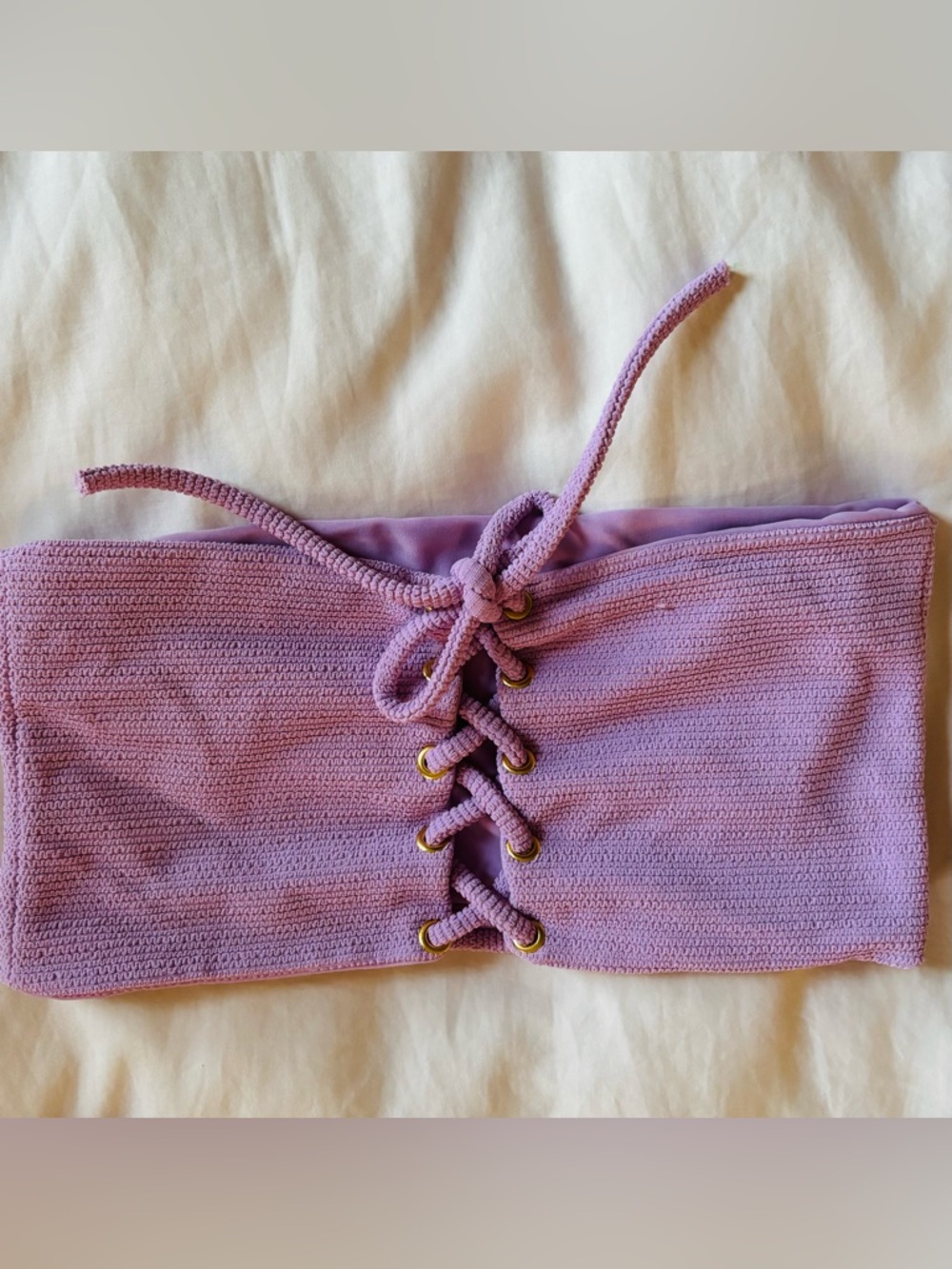 Montce Lilac Textured Strapless Bikini Top with Lace-Up Detail